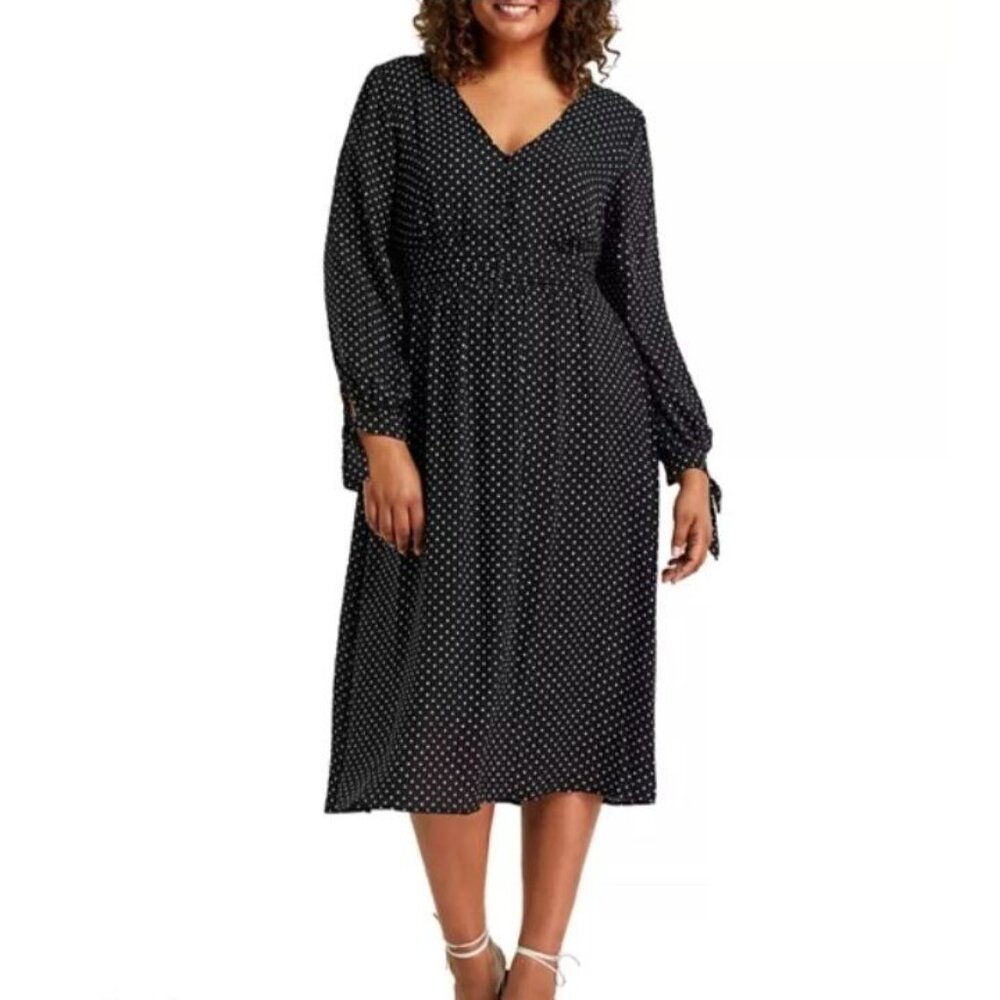 Estelle Navy Blue Polka-Dot Long Tie Sleeve Midi‎ Dress 4X